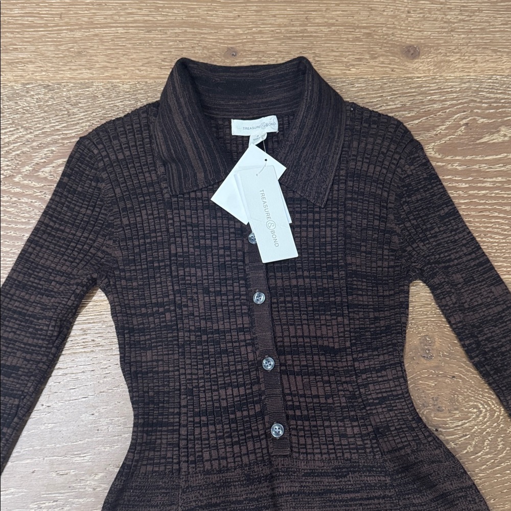 Treasure & Bond Black Brown Marl Textured Knit Collared Midi Dress NWT Sz S - Picture 3 of 6